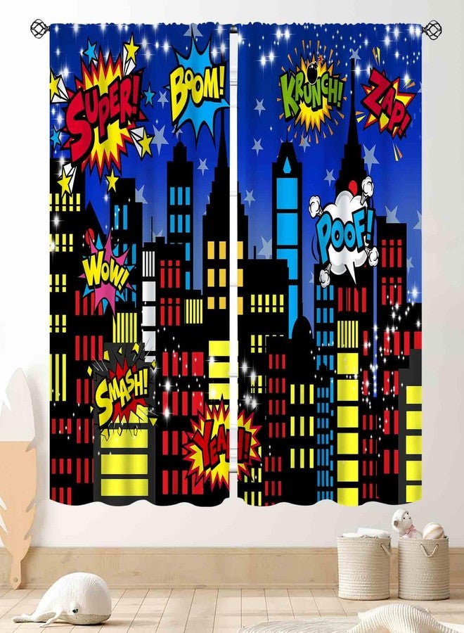 TKUYO Superhero City Curtains, Comic Night Starry Skyline Cityscape Buildings Comic Blackout Window Curtains for Boys Kids Baby Room Bedroom Living Nursery 2 Panel Sets, 42"x45" Inch - Image 1